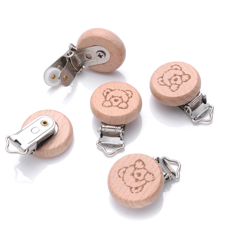 1Pcs 21 Style Baby Beech Pacifier Clips Heart Animal Rainbow Pattern Wooden Metal Clips for Nipple Holder Dummy Clip Soother