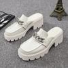 New Women Mules Black Leather Platform Silver Chain Squared Toe Casual Chunky Heels Rubber Lightly Summer Shoes Female