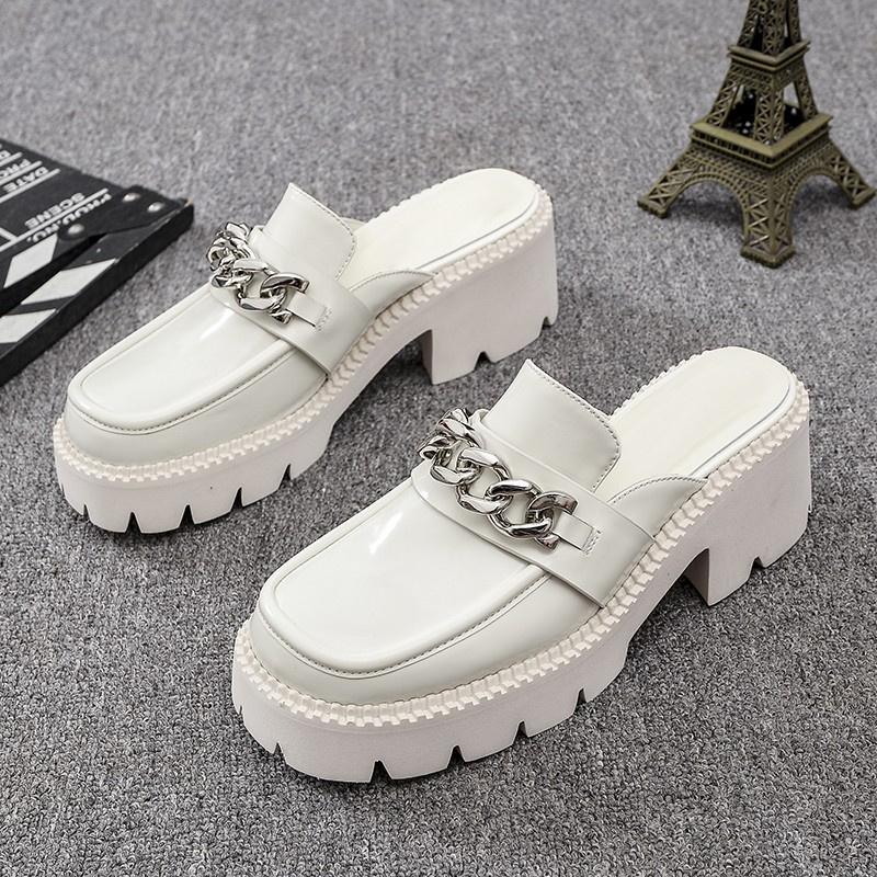 New Women Mules Black Leather Platform Silver Chain Squared Toe Casual Chunky Heels Rubber Lightly Summer Shoes Female