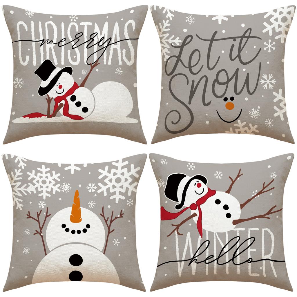 New Linen Cartoon Snowman Pillow Cover Christmas Decorative Sofa Cushion Linen Breathable Cushion Printed Cushion