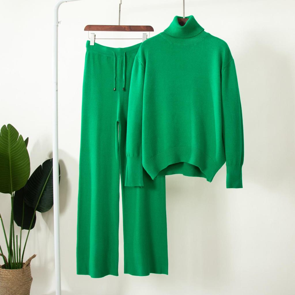 Women's Autumn and Winter Solid Colour High Neck Knitted Sweater Wide Leg Pants Two Piece Set