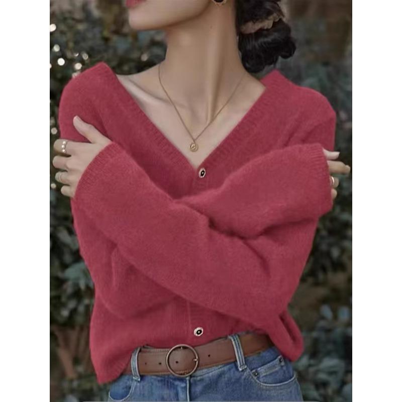 Autumn and winter new v-neck sweater cardigan women's coat lazy wind with loose soft waxy knitted sweater