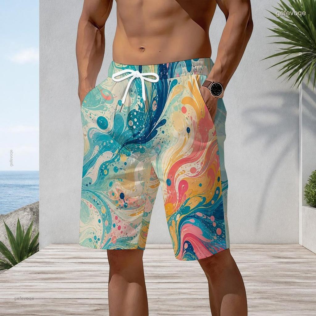 Men Plus Size Colorful Printed Beach Shorts Drawstring Waist Side Pockets Straight Leg