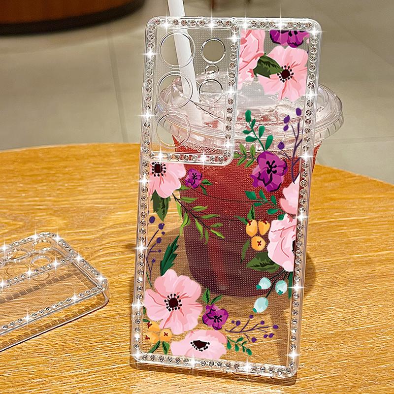 Ladybug Flowers Print Phone Case For Samsung Galaxy A55 A56 A54 A36 A15 A26 A16 S25 Edge S24 S22 Ultra S23 FE Diamond TPU Cover