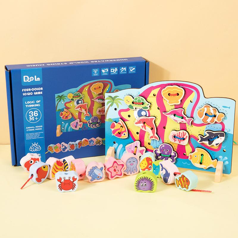 Children'S Wooden Early Education Cartoon Threading Board Animal Beaded Two-In-One Pairing Educational Cute Fun Toy