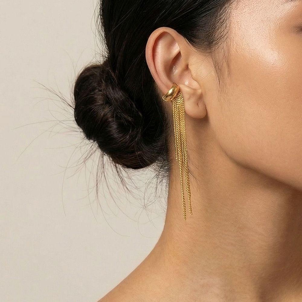 18K Gold C-shaped Ear Clip Stainless Steel Tassel Earrings Punk Gold Jewelry Travel