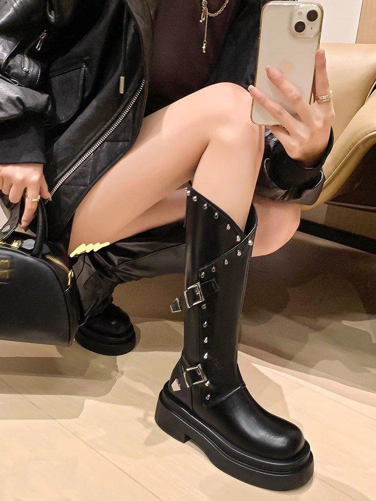 Britischer Stil mit dicker Sohle, Weidenagel-High-Heel-Ritterstiefel für Damen Herbst/Winter 2025 neu, runde Spitze, Retro-High Boots