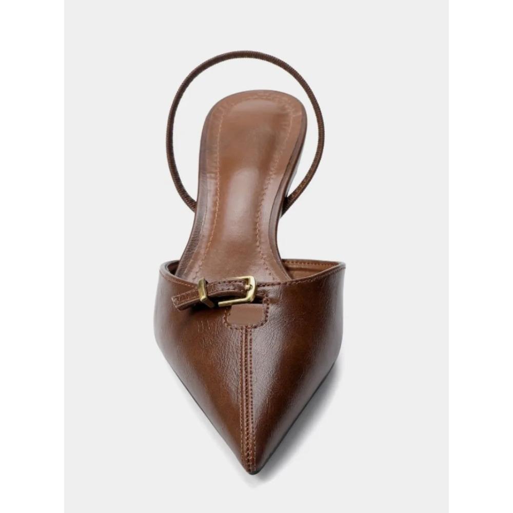 Vintage Brown Slingback Heels for Women Fashion Pointy Toe Metal Buckle Decorated Stiletto Sandals Luxury Party Designer Shoes