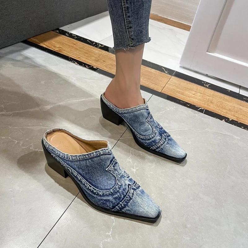 Fashion British Style Women Pointed Toe Sandals Luxury Outdoor Half Slippers Slip On Mules Femme Shoes Ladies Denim Chunky Heeled Slides