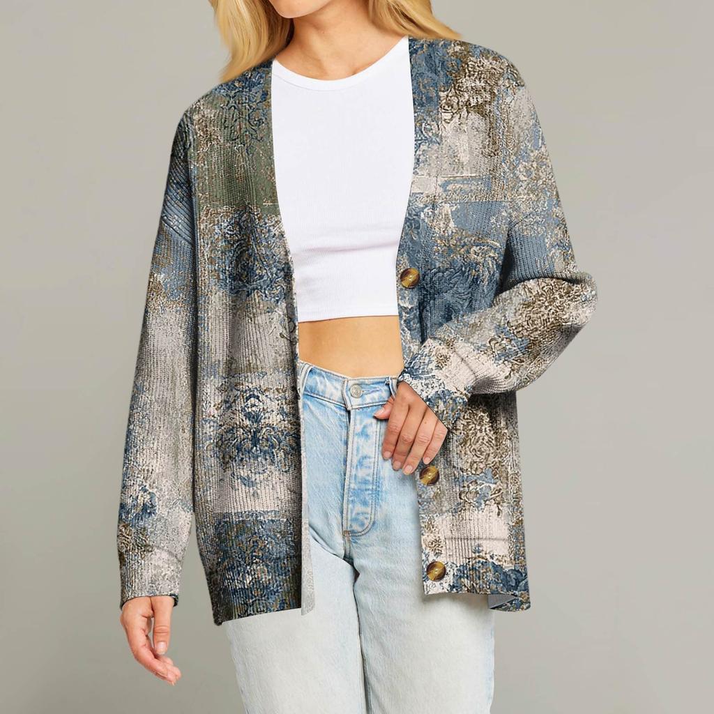 Dámský módní kardigan s dlouhým rukávem, vánočním potiskem, výstřihem do V a knoflíky, volný top