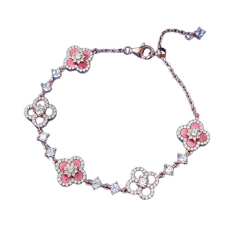 Bracelet Hui Zhiyi S925 Argent Rose & Trèfle à Quatre Feuilles Réglable pour Femmes