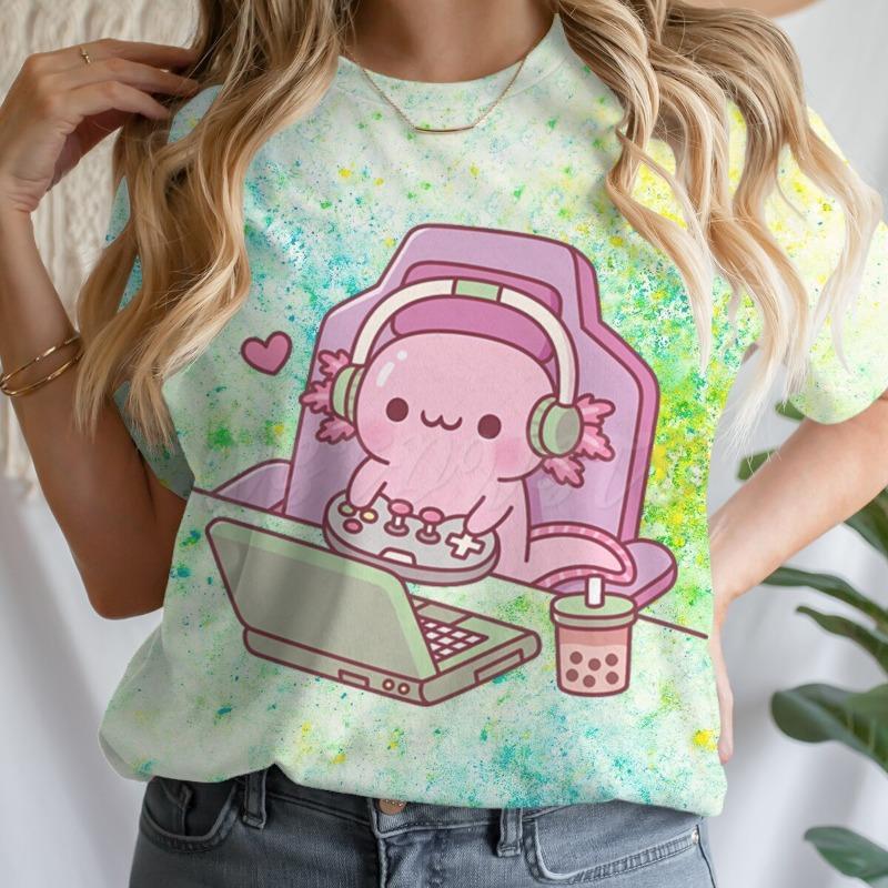 Cute Axolotl Playing Games T-shirt Female Casual Summer Drink Top Tie Dye Boba Tea Cartoon T-shirts Gamer Funny Short Sleeve Tee