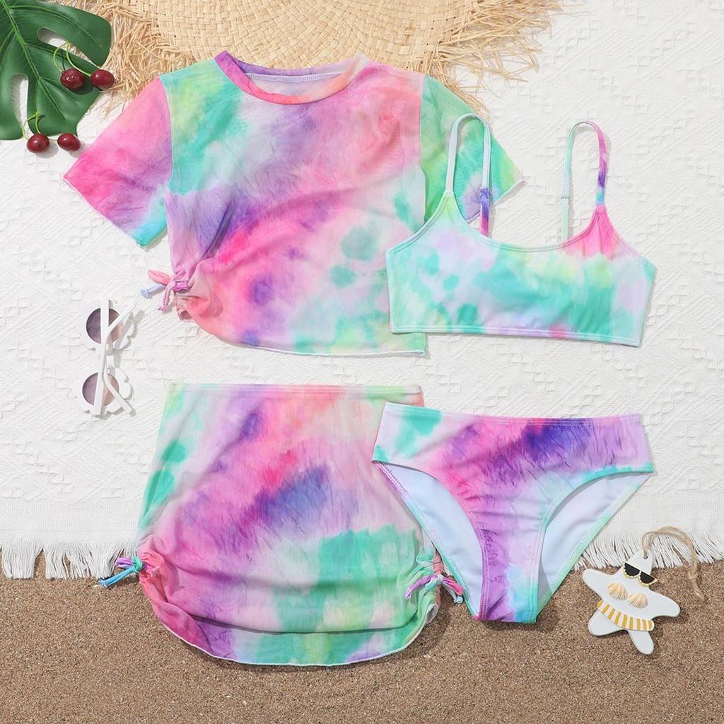 Girls Three Piece Swimsuit Set High Waist Bottoms with Mesh Skirt and Short Sleeve Cover Up Top for Kids Summer Beachwear