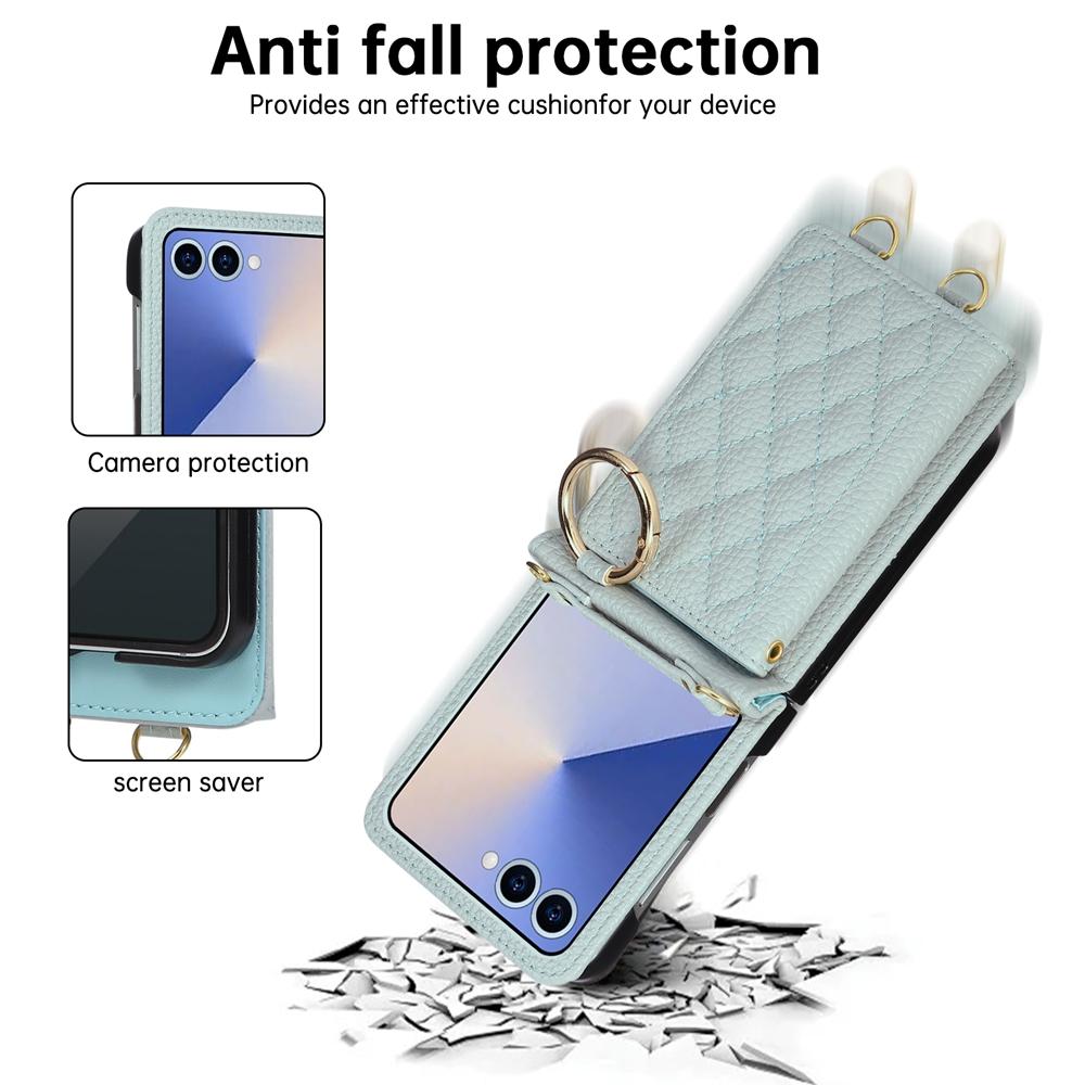 Grid Crossbody Case for Samsung Z Flip 8 7 Fe 6 5 4 3 Flip7 Flip6 Flip5 Flip4 Leather Case Lanyard Phone Case Cards Cash Pocket