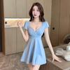 Women's Low-Cut V-Neck Backless A-Line Dress - Slimming, Short-Sleeved, Foot Massage Technician Uniform