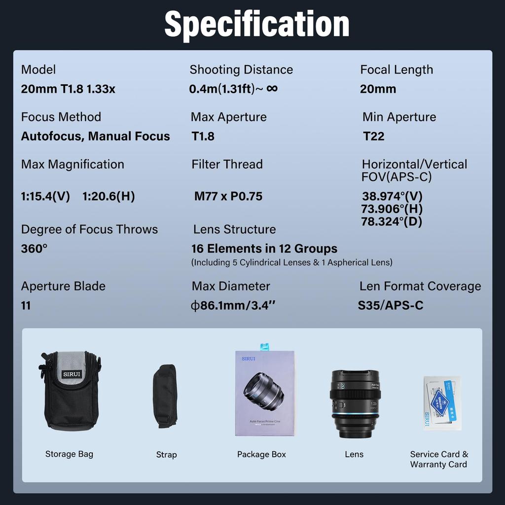 SIRUI 20mm Anamorphic Lens S35 Autofocus Lens with Neutral Flare T1.8 1.33X (Compatible E-Mount) A6500/A6700/FX3/30/ZV-E Series/A7 Series/A9/9II -