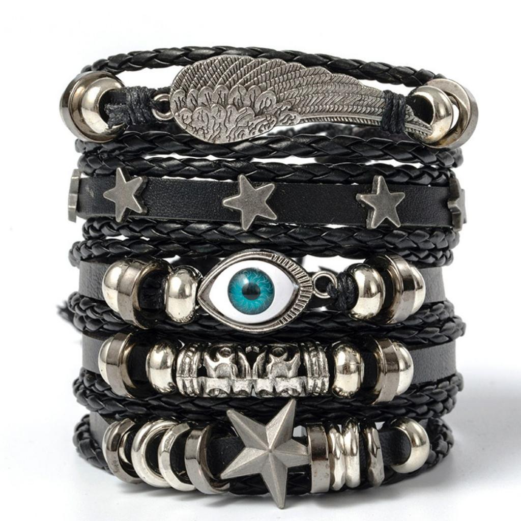5pcs Evil Eye Wing Star Diy Braided Punk Style Bracelet Set Featuring Pu Leather And Beads