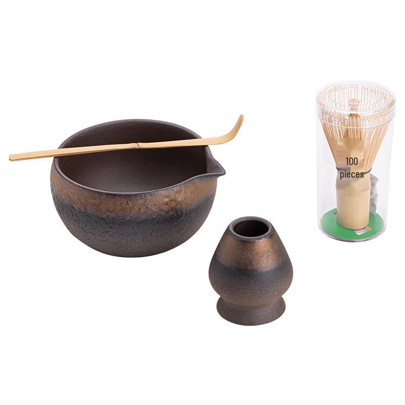 Song Dynasty-Inspired Japanese Matcha Bowl & Whisk Stand with Gilt Iron Glaze