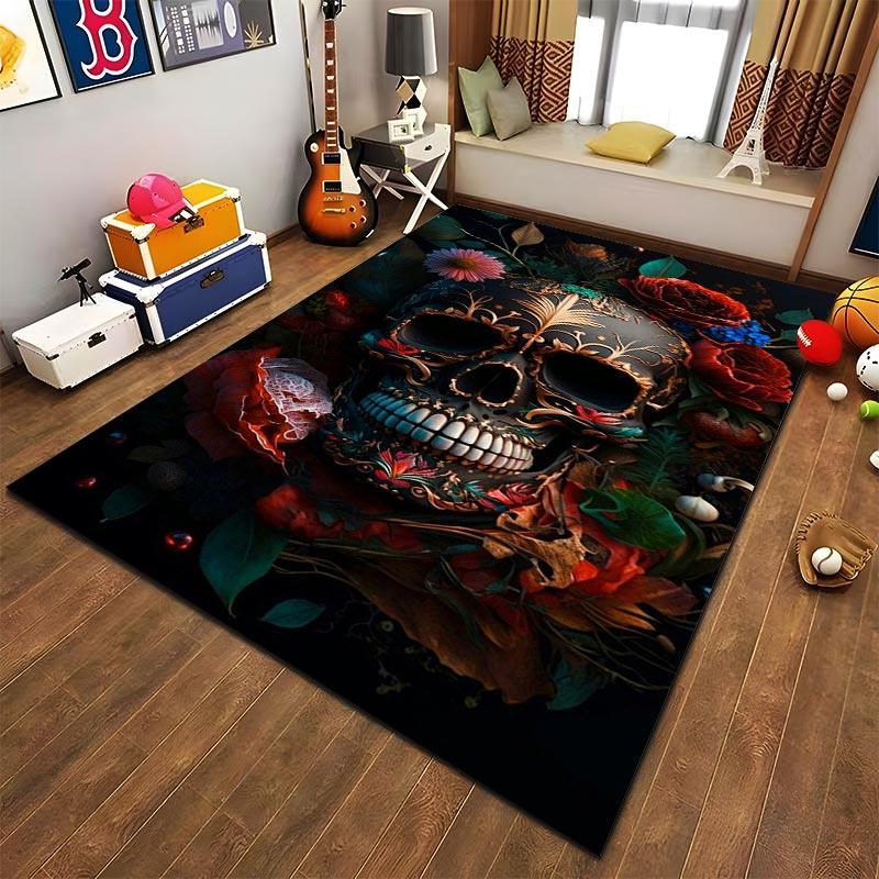 Colorful Skull and Floral Pattern Carpet, Dark Gothic Decorative Rug Suitable for use as an anti-slip for living room bedroom sofas