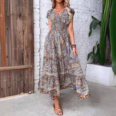 French Bohemian Holiday Print Midi Dress