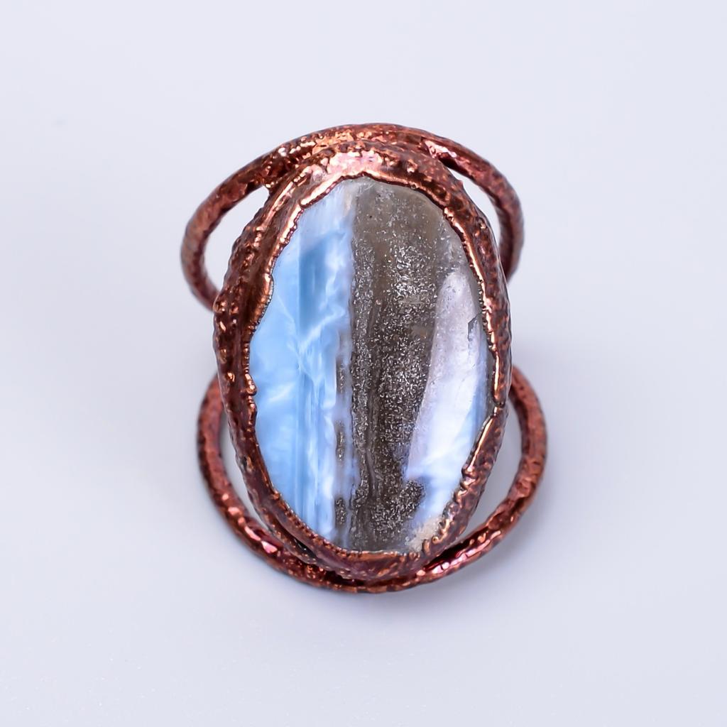 Oval Owyhee Blue Opal Stone Birthday Electroformed Eternity Ring Jewelry Copper V-57