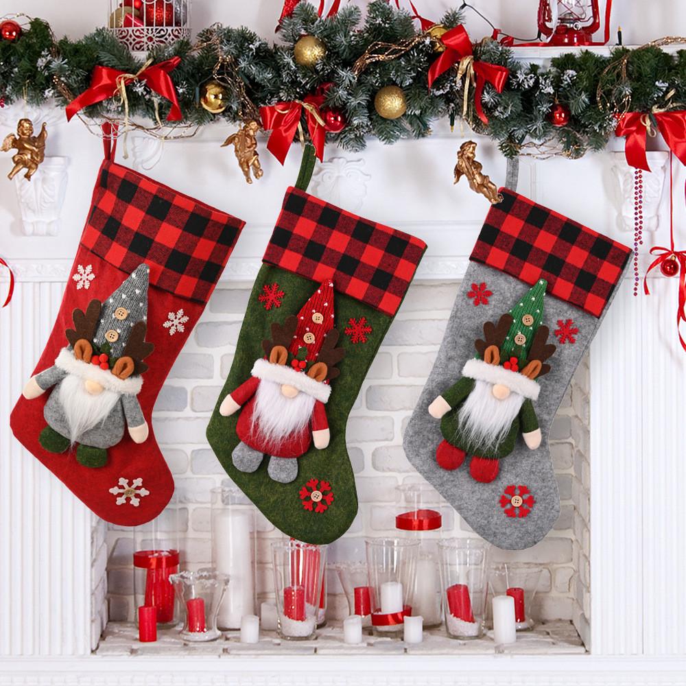 Cozy Fabric Christmas Stockings In Red Green And Gray With Snowflake Details
