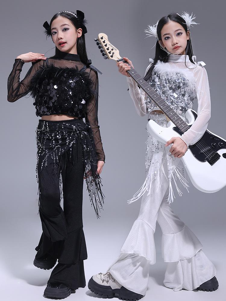 Korean Style Girls' Jazz Dance Costume Set: Cropped Vest Top & Sweatpants for Performances