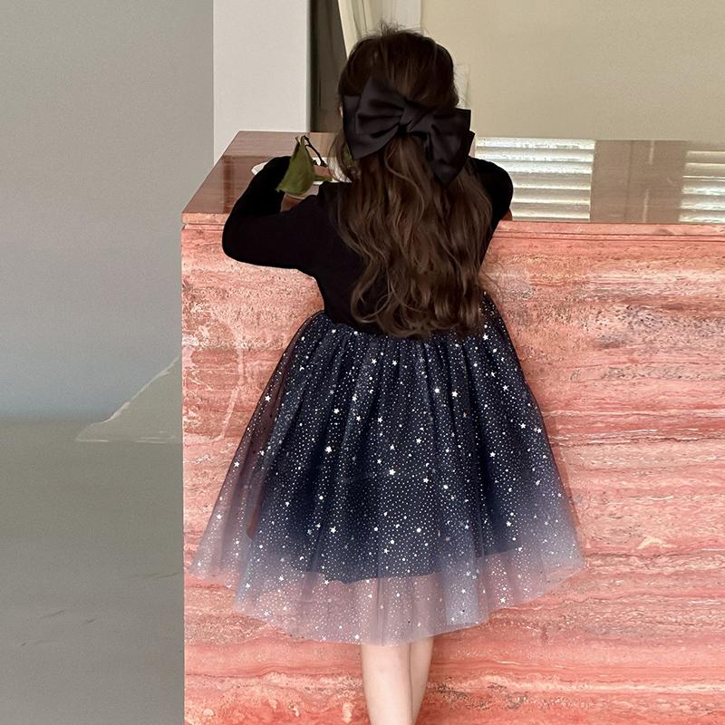 Children's Dress Girls' Long Sleeved Fluffy Dress Splicing Gradient Starry Sky Gauze Dress