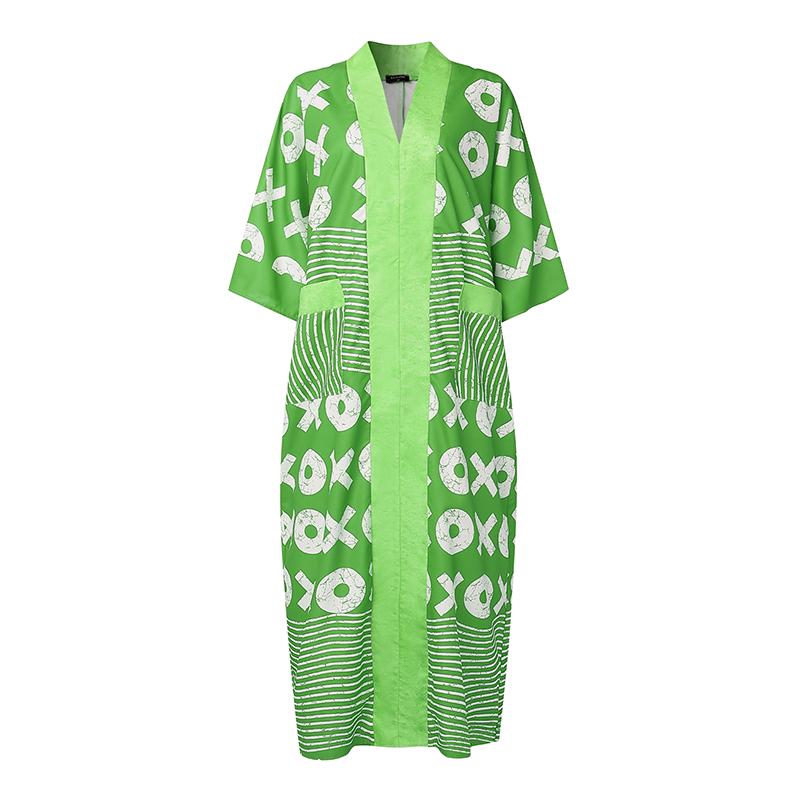 Oversized Women V Neck Long Sleeve Patchwork Print Casual Loose Maxi Kaftan Dress
