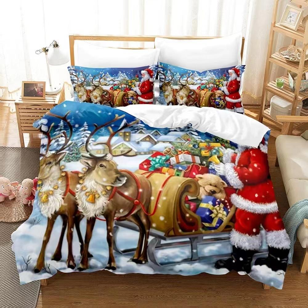 

3pcs Red Christmas Santa Claus Deer Printed Bedding Set Cozy Soft Duvet Cover King Queen Twin Size Birthday Gift Bedroom Decor AU Double 180x210cm