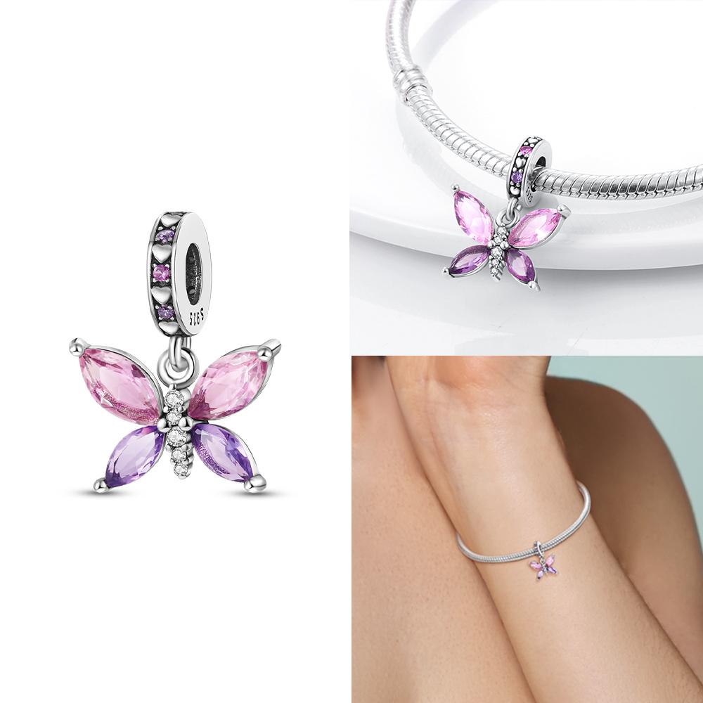 Cute Lovely Butterfly Perfume Girl Dangle Original Pink Charms Charms Beads Fit Bracelet Pendant Making For Woman Jewelry Gift