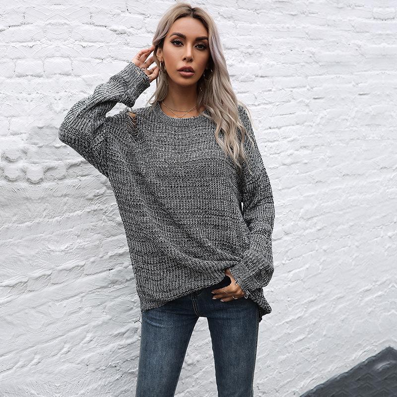 

Винтажная мода элегантный повседневный осенний Ins ветер сломанный дырка сплошной цвет круглый вырез Mori свитер вязаный свитер женский L чёрный