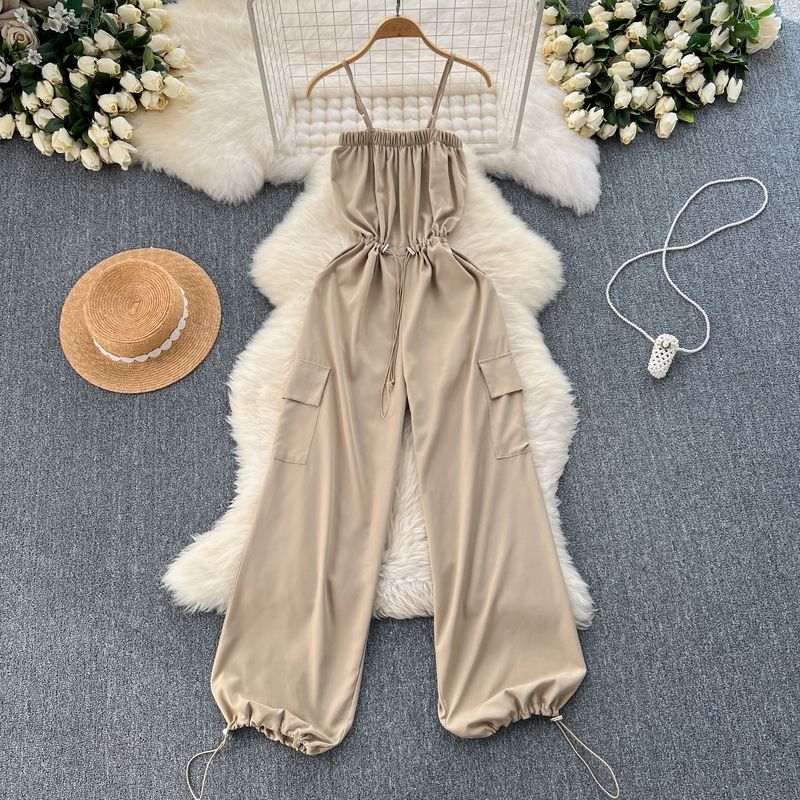 

Women s Korean-Style Younger College Style-Strap Jumpsuit with Retro Workwear Large Pockets Silm Long Wide-Leg Pants Khaki All yards