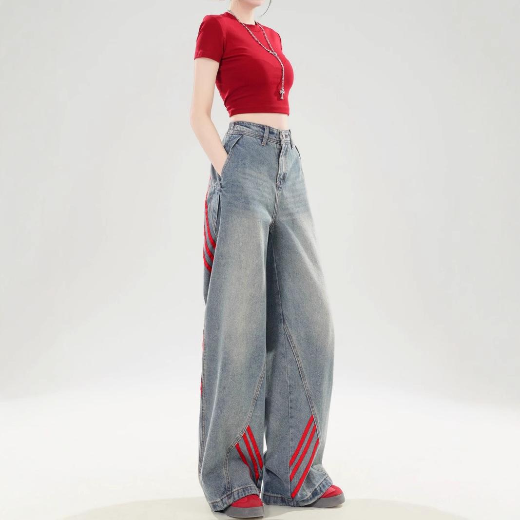 

Plus Size High Waist Loose-Fit Patchwork Striped Wide-Leg Jeans for Women 3XL