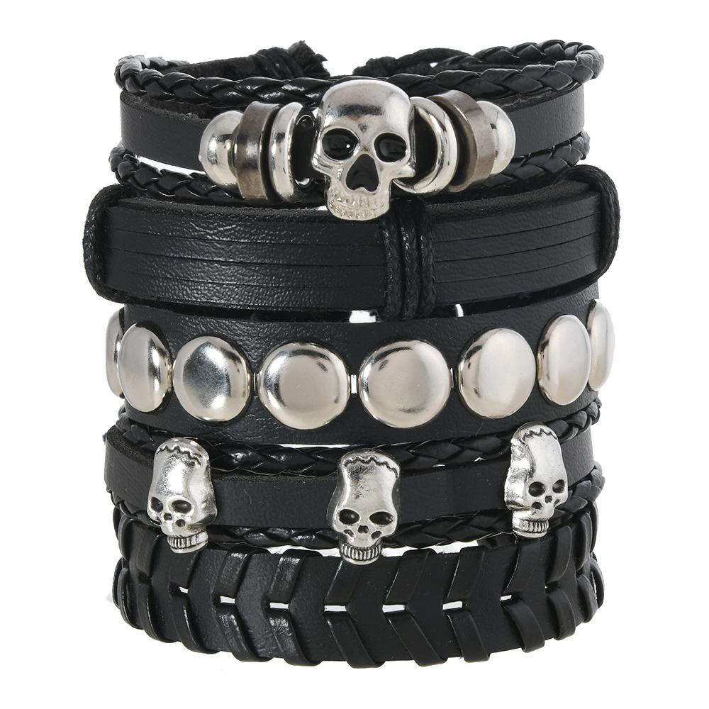 Men's Punk Skull Leather Bracelet Set Multi-Layer Gothic Rock Chain Bracelets Pentagram Charm Hip Hop Streetwear Badge Jewelry Accessories for Him