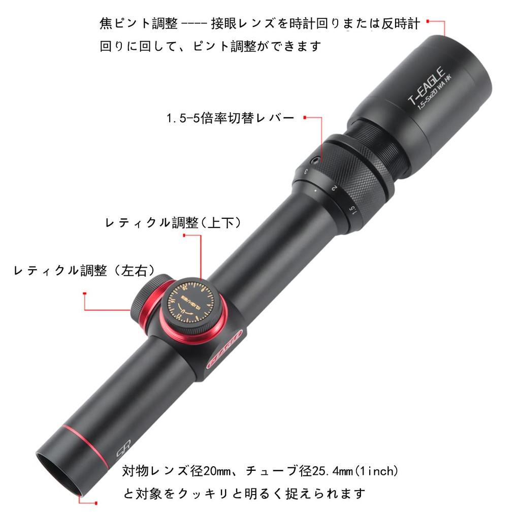T-EAGLE 1.5-5x20WA Short Rifle Scope with Variable Zoom, Suitable for Airsoft and Survival Games, Includes 20mm High Mount Ring