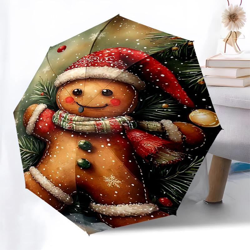 

1pc Gingerbread Man Christmas Ornament with Santa Hat Automatic Opening Umbrella with Foldable Design, 8-Iron Frame, Festive Decoration for Fans, Trav