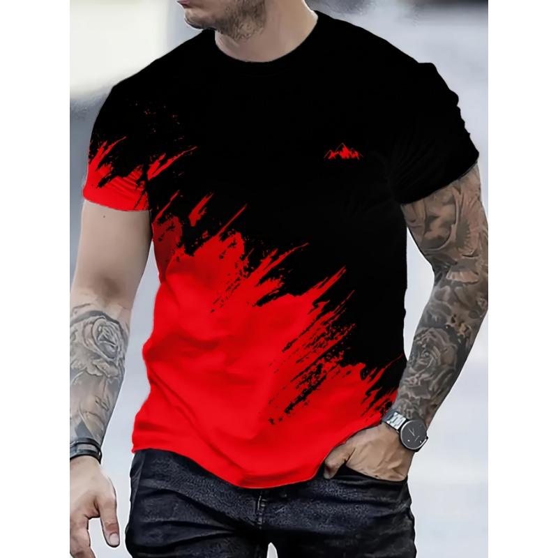 Fashion Men s Red and Black Gradient Splash Graphic Tee, Trendy Short Sleeve Round Neck Top with Artistic Pattern for Casual Daily Wear Outfits S красный