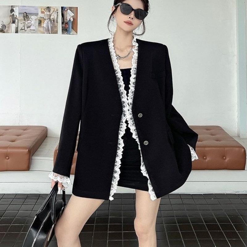 Women S Black Lace Trim Blazer Small Fragrance Style Spring Autumn