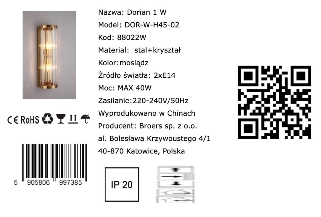 Dorian 1 - Golden Brass Crystal Wall Lamp - 45cm Column