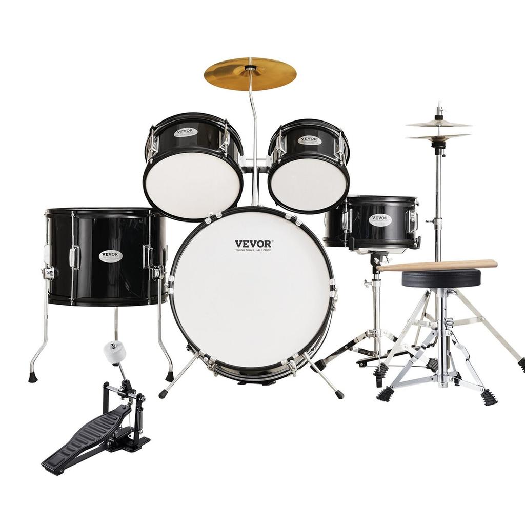 Kids Drum Set 5-Piece 16 in Beginner Children Drum Set with Throne Black