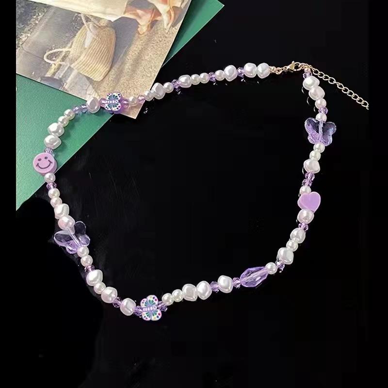 Zhou Yutong same purple crystal soft pottery beaded pearl necklace femininity sweet and fresh butterfly collarbone chain