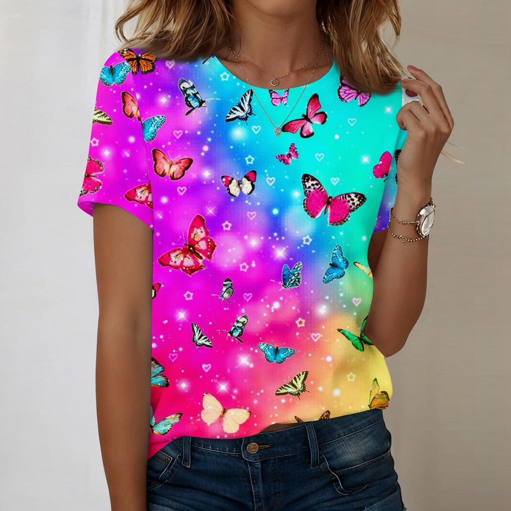 Women's Fashionable Casual Short-sleeved, Retro Printed Round-neck Top