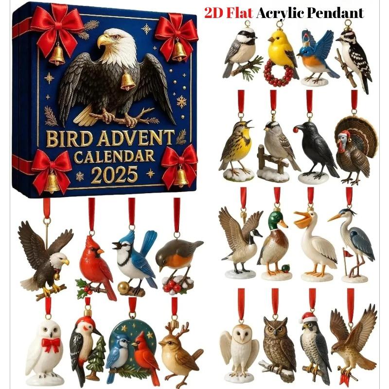 Calendar de Advent Păsări 2025, Calendar de Advent Păsări de Crăciun 24 Zile, Decorațiuni Păsări Plate 2D Acrilice pentru Agățat în Pomul de Crăciun