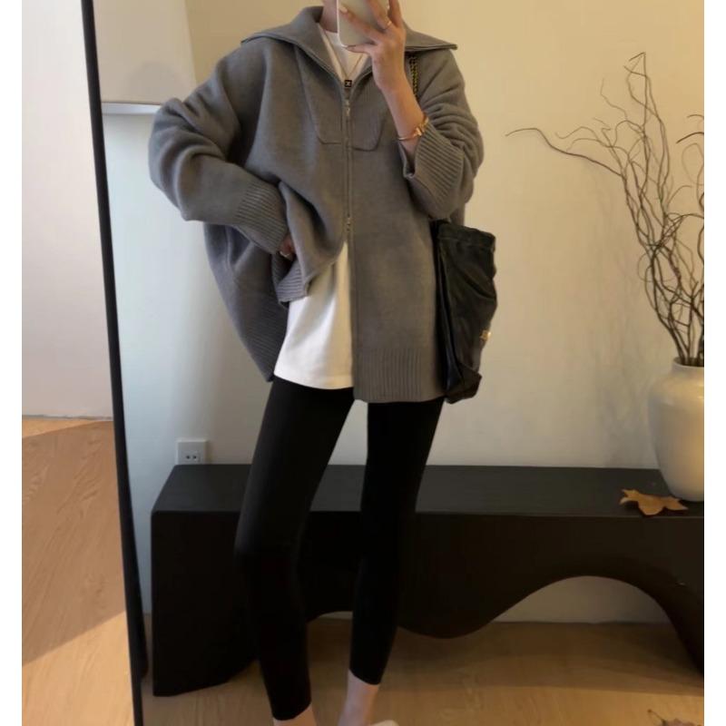 Double Zipper Lapel Thick Fashion Lazy Sweater Autumn and Winter New Loose Plus Size Knitwear Women