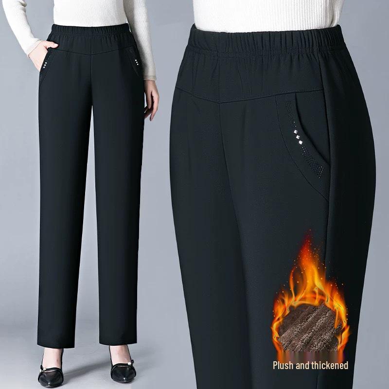 Plus Size Fleece-Lined Pants for Middle-Aged Women - Loose Thick Casual Straight-Leg for Spring Autumn and Winter