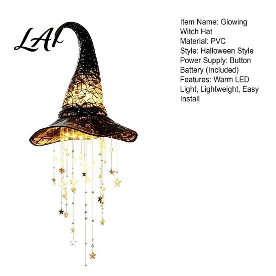 Halloween Hanging Decorations Lighted Witch Hat Chime LED Glowing Wizard with Yard Patio Decor Swinging Star Tassels Indoor Outdoor Porch