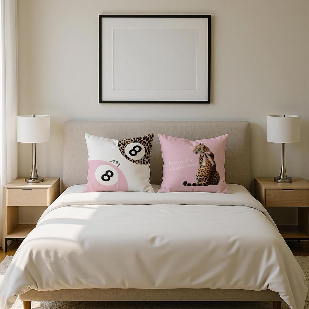 Trendy Funky Cheetah Pink Y2K Luck 8 Ball Pillow Covers 18x18 Set of 2,Pink Leopard Decorative Pillowcases,Cheetah Throw Pillow Covers for Couch Sofa