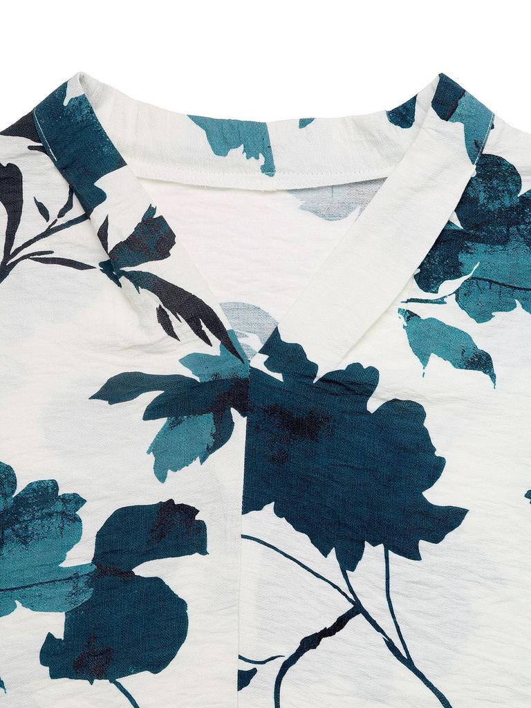 Elegant V-Neck Long-Sleeve Women's Shirt with Floral Print