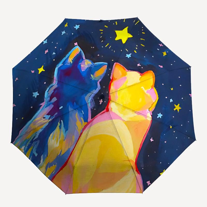 

1pc Cats Night Automatic Open/Close, Foldable Compact Umbrella with 8-Rib Shaft, Perfect Gift For Men And Women, Casual Style, Vibrant Motif